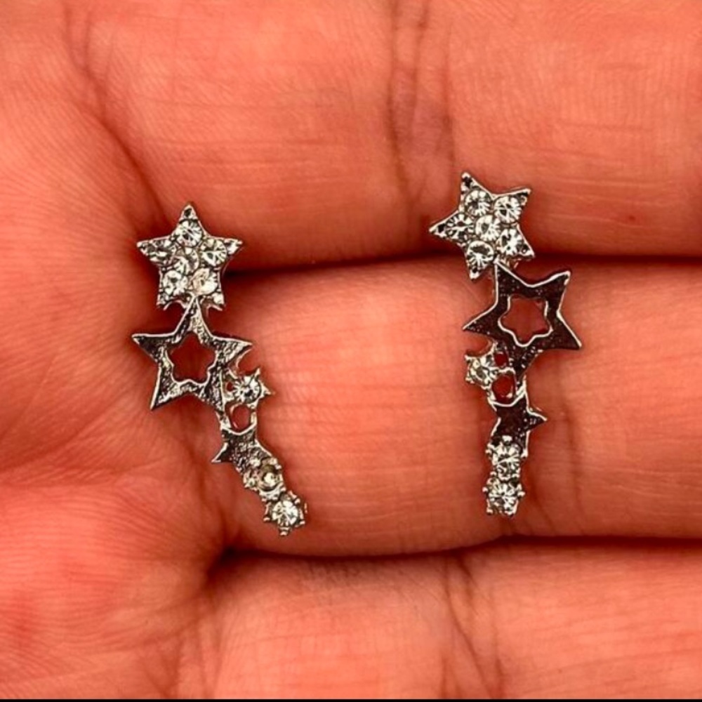Silver Star shaped, Rhinestone Starburst Boho Celestial Earrings - Picture 3 of 7